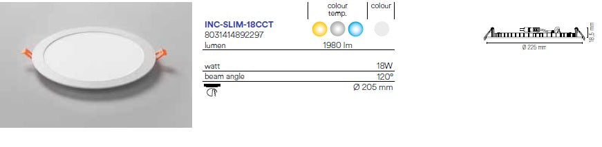 Faretto ad incasso LED SLIM ultrasottile in alluminio bianco 18W  1980LM  225X1,85mm con funzione CCT