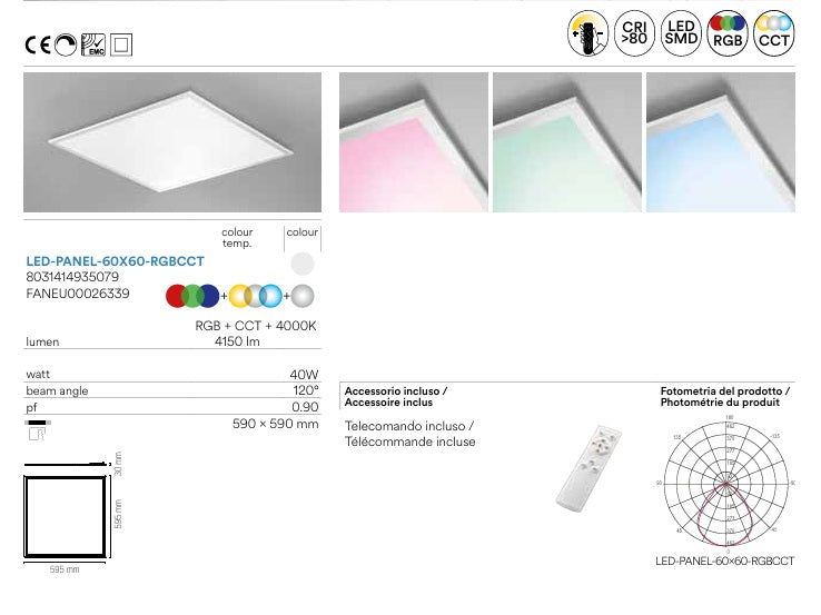 Pannello led PANEL RGB +CTT con struttura in alluminio e diffusore in acrilico bianco.  60X60 LED-PANEL-60X60-RGBCCT Fan europe