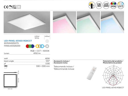 Pannello led PANEL RGB +CTT con struttura in alluminio e diffusore in acrilico bianco.  60X60 LED-PANEL-60X60-RGBCCT Fan europe