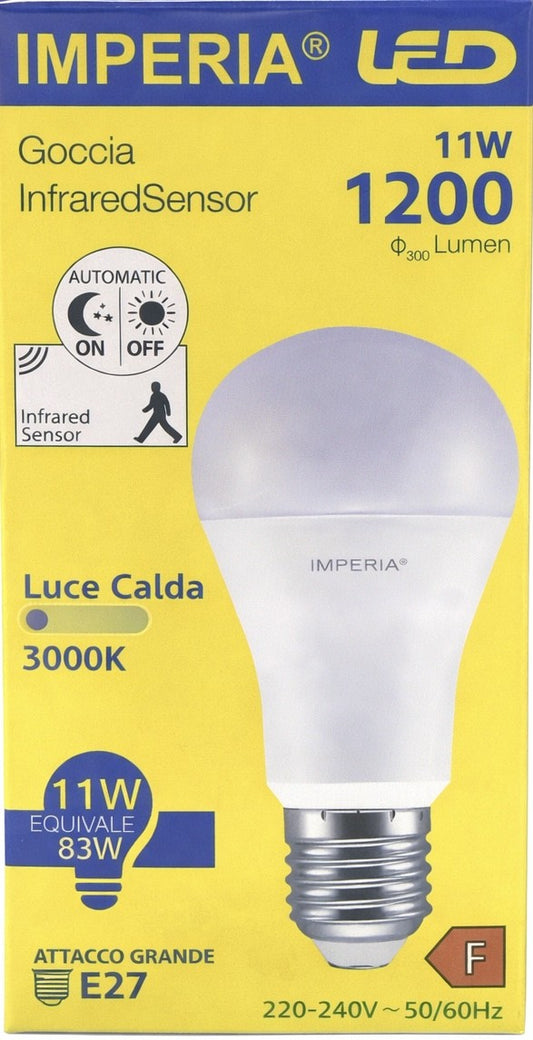 Lampadina led goccia infraredSensor termoplastica 11w 3000k luce calda E27 1200lm equivalente 83wcod215029